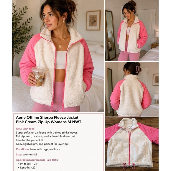 aerie Jackets & Blazers - Aerie Offline Sherpa Fleece Jacket Pink Cream Zip Up Womens Sz S Cabincore NWT